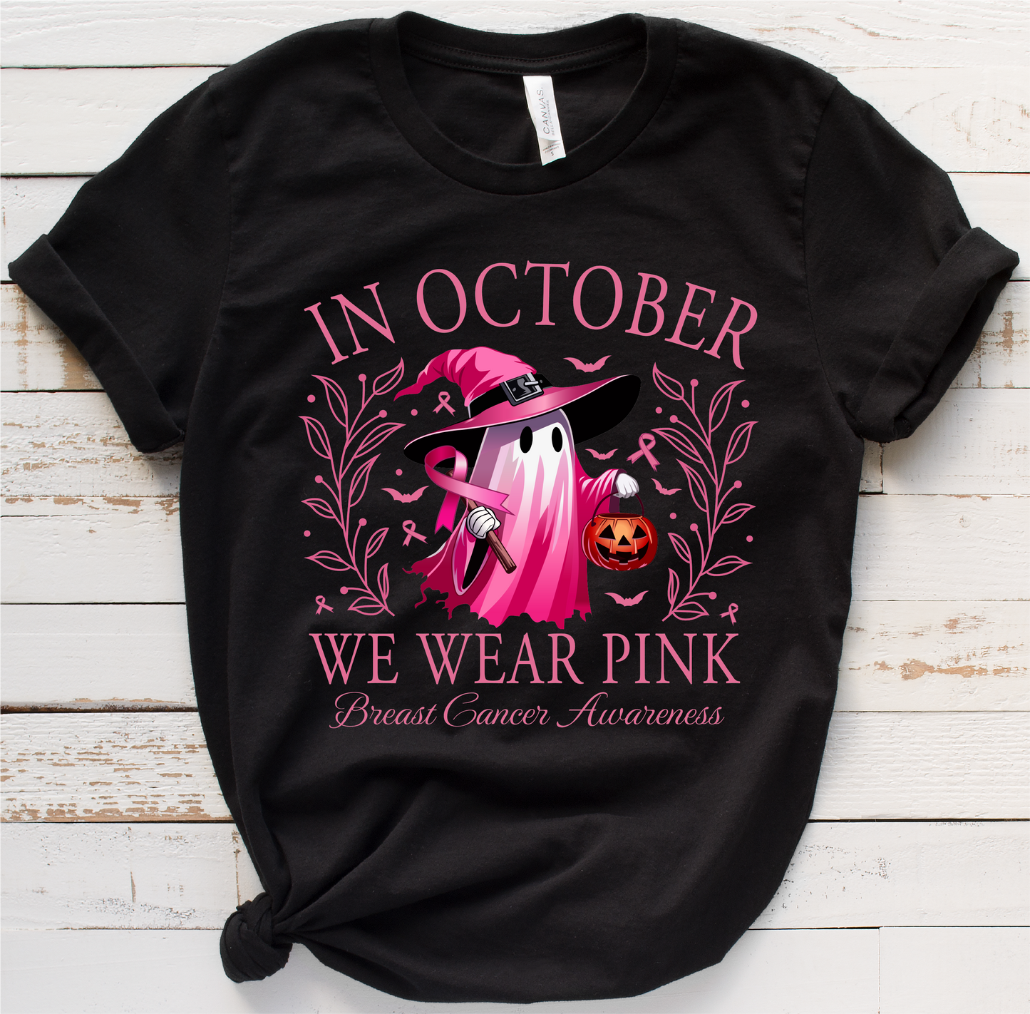 In October we wear pink ghost with pumpkin