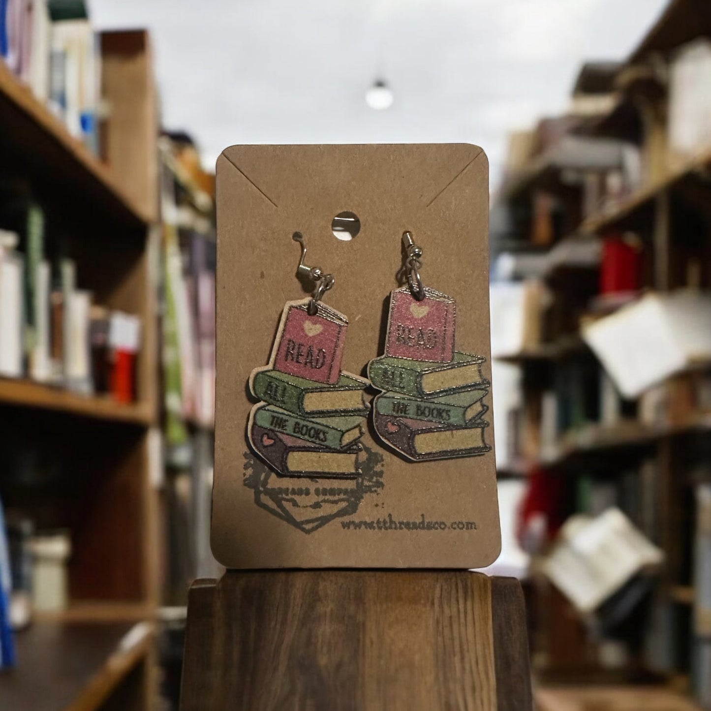 Read all the books earrings wood