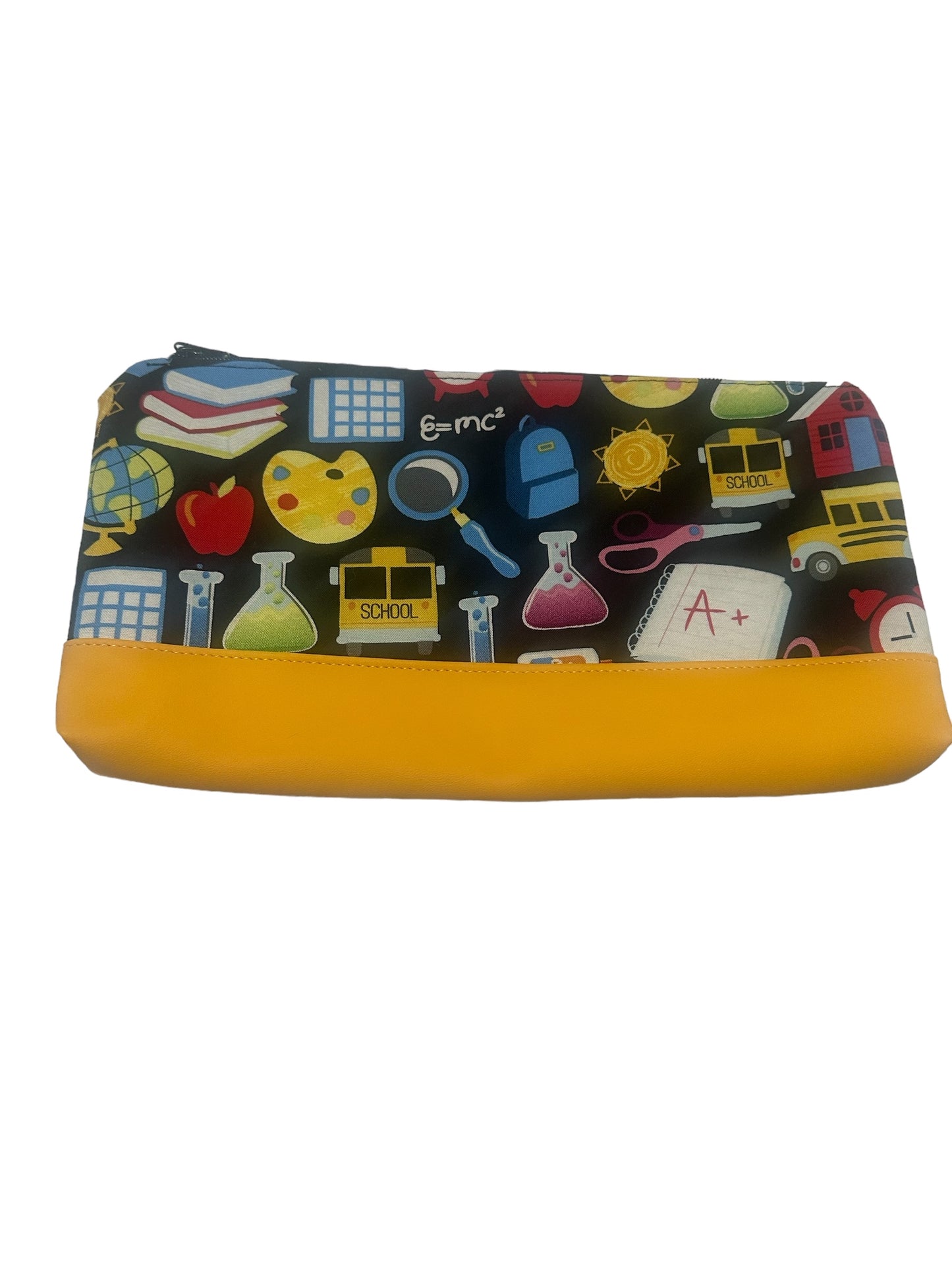 Handmade Pouch yellow bottom teacher black fabric