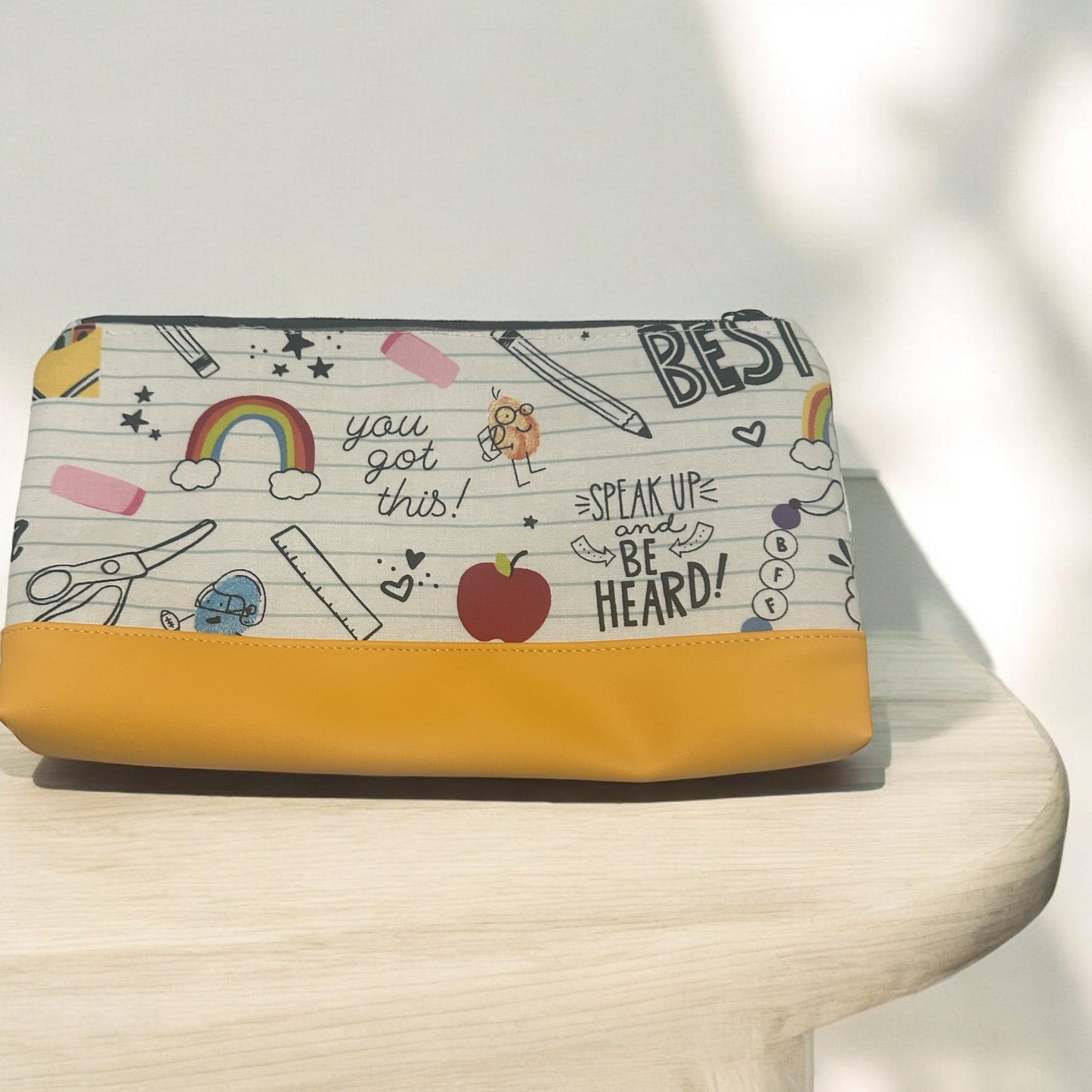 Handmade Pouch yellow bottom teacher white  fabric