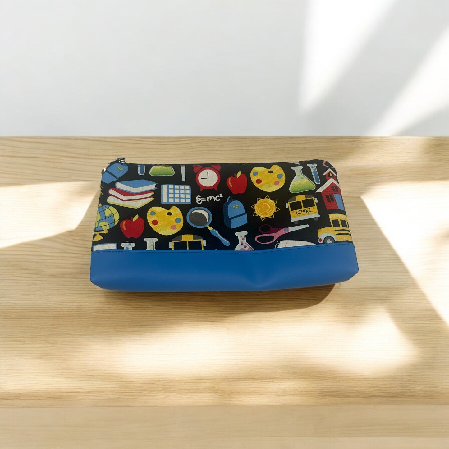 Handmade Pouch blue bottom teacher black fabric